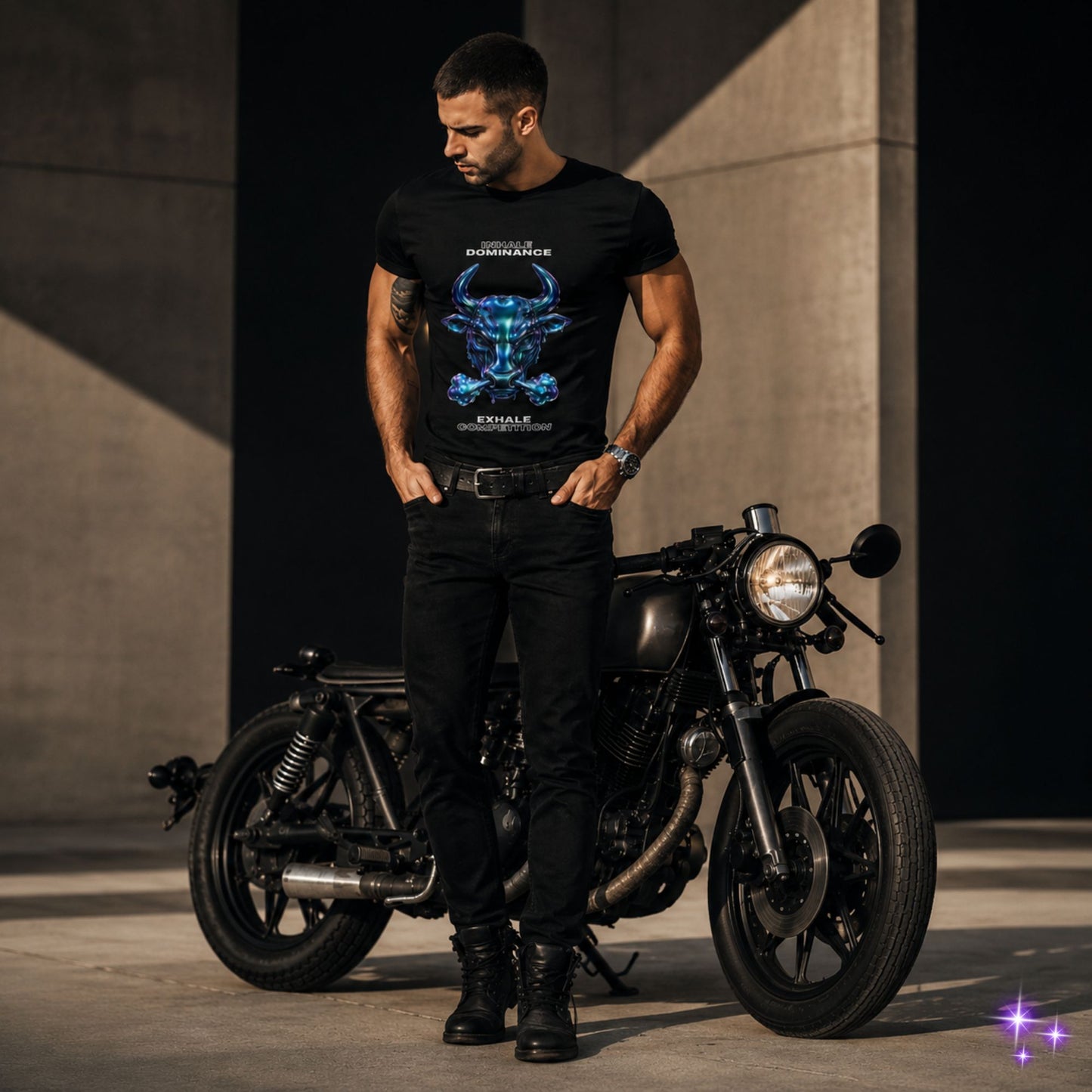 Man wearing a black t-shirt with a graphic design, standing next to a motorcycle on a wooden platform with a cityscape in the background.