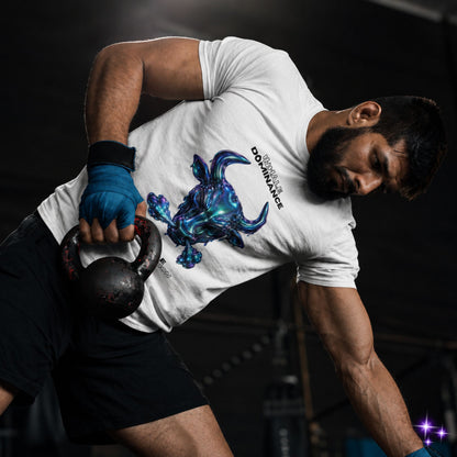 Person lifting a kettlebell wearing a white t-shirt with a blue graphic design.