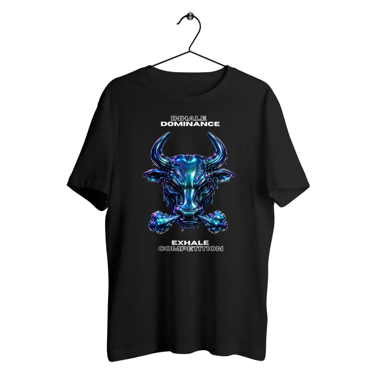 Black t-shirt with a blue and purple bull graphic and text on a white background