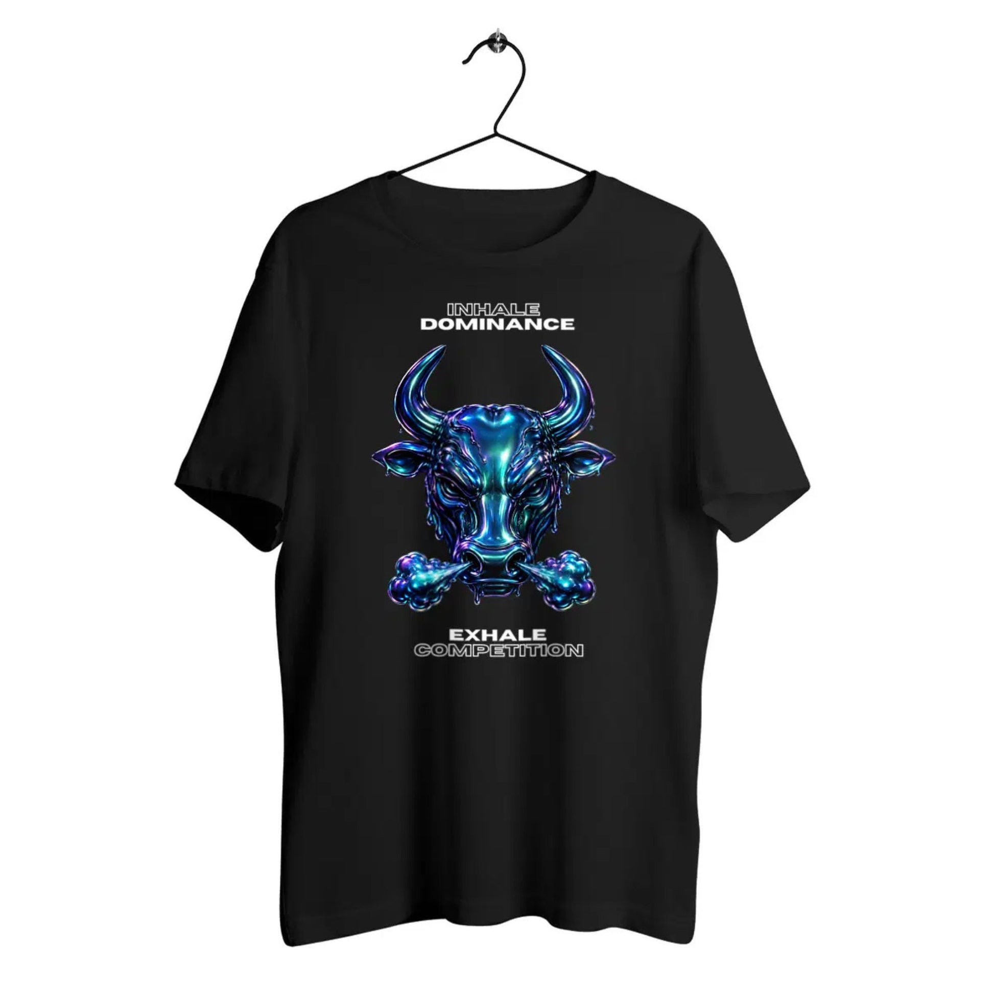 Black t-shirt with a blue and purple bull graphic and text on a white background