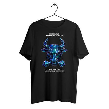 Black t-shirt with a blue and purple bull graphic and text on a white background