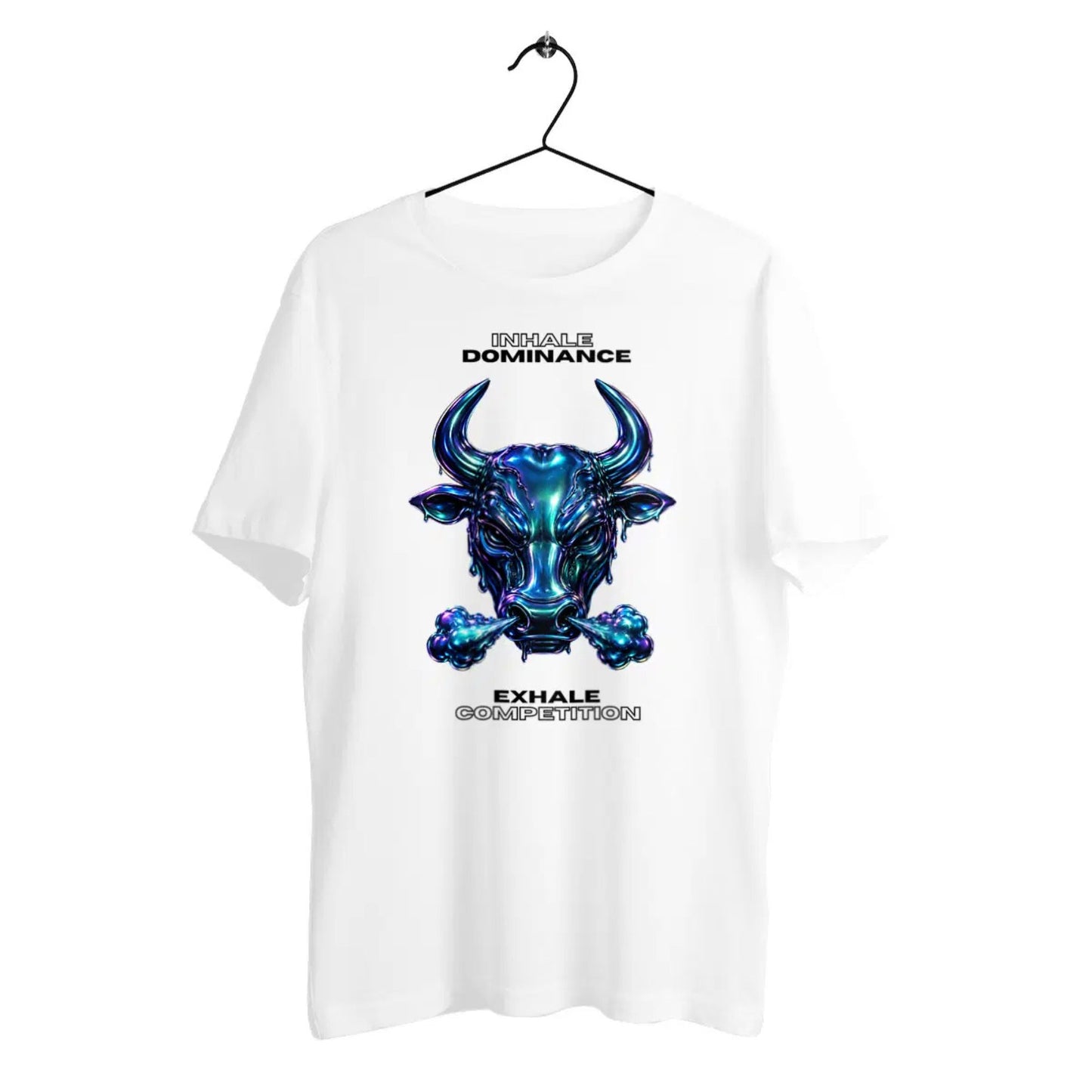 White t-shirt with a blue bull graphic and text on a hanger against a white background