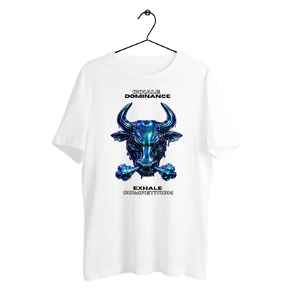 White t-shirt with a blue bull graphic and text on a hanger against a white background