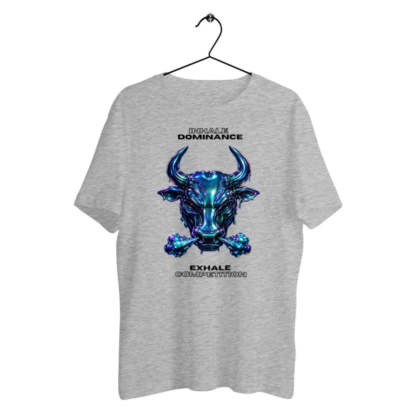 Gray t-shirt with a blue bull graphic and text on a white background