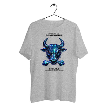 Gray t-shirt with a blue bull graphic and text on a white background