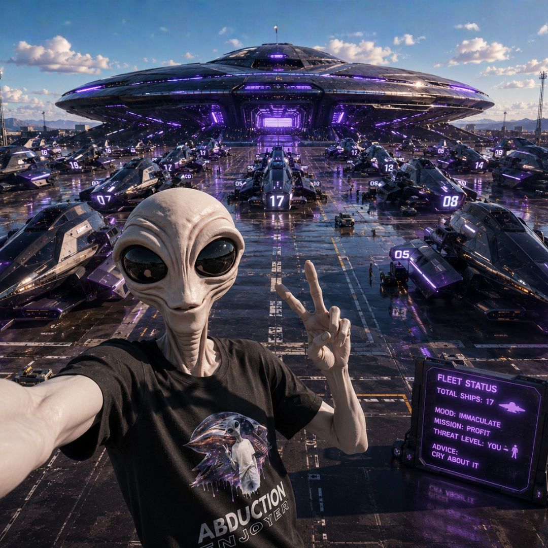 Alien with a futuristic spaceship and ground base in the background