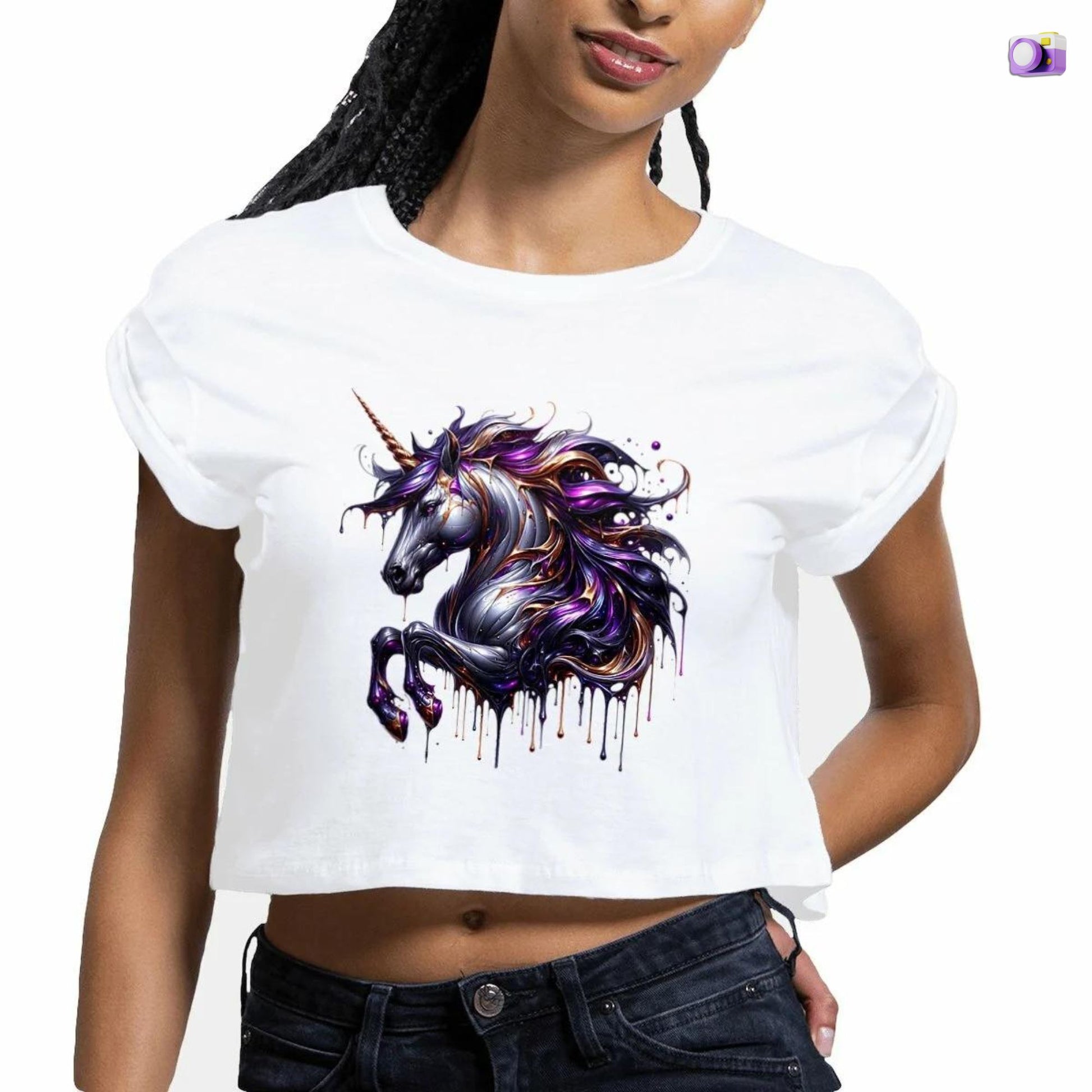 Melting Unicorn crop top in white, made from organic cotton. Front view showcased on a black female model.