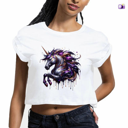 Melting Unicorn crop top in white, made from organic cotton. Front view showcased on a black female model.