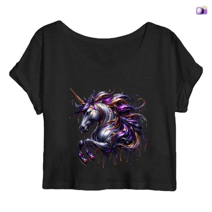 Melting Unicorn crop top in black, made from organic cotton. Front view showcased on a flat surface and white background.