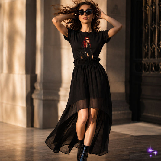 Woman wearing a black dress with a graphic design, standing outdoors.
