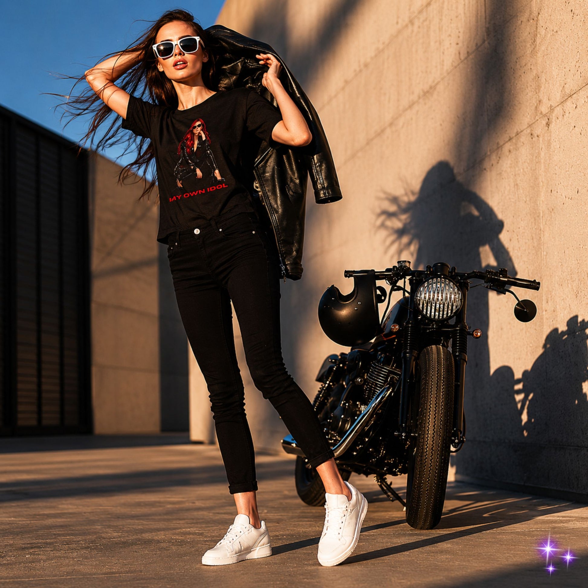Woman in black outfit with sunglasses standing next to a motorcycle