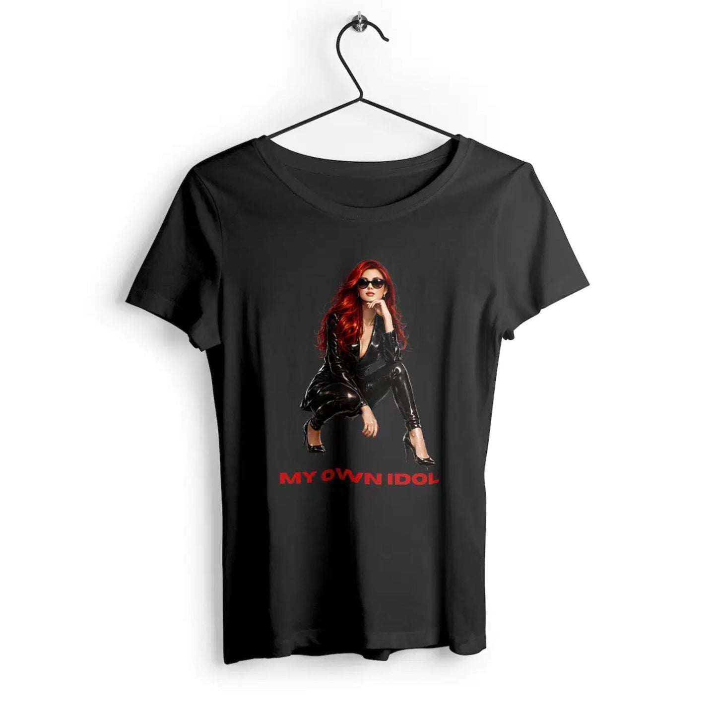 Black t-shirt with a graphic of a woman and 'My Own Idol' text on a white background