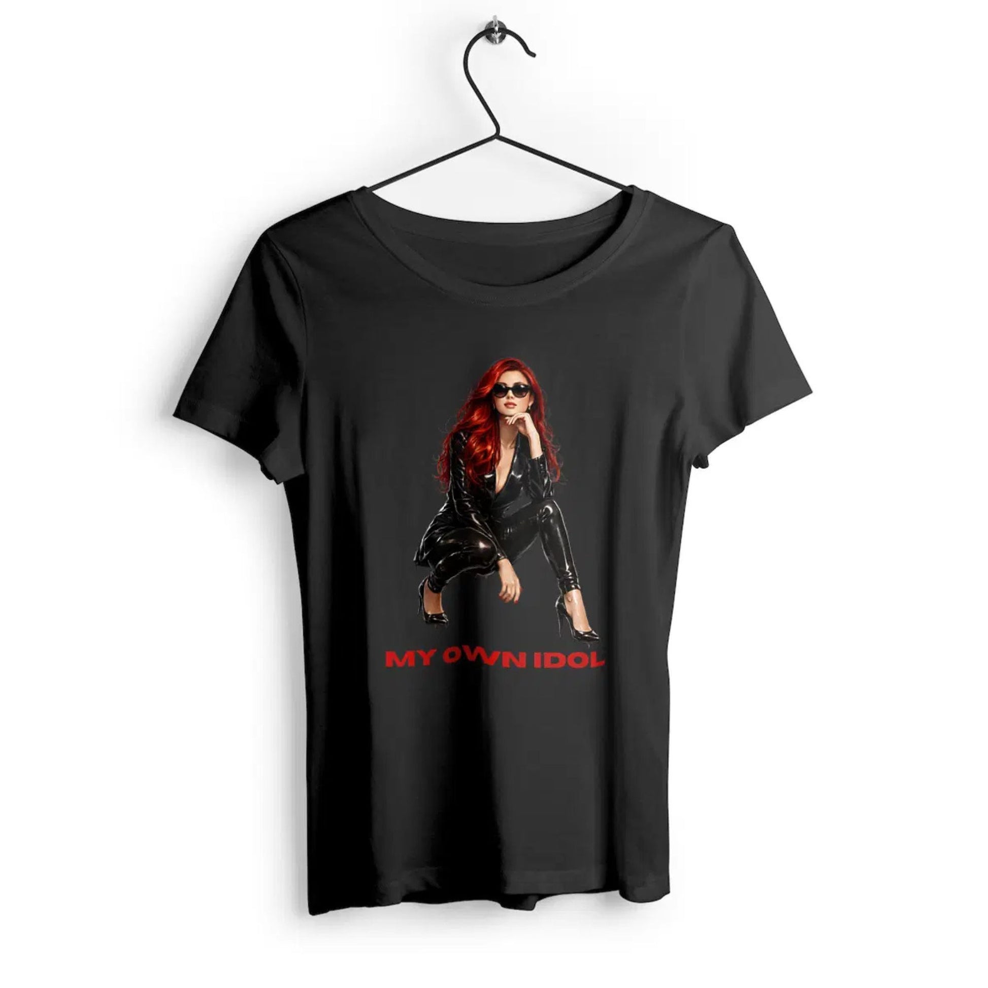 Black t-shirt with a graphic of a woman and 'My Own Idol' text on a white background