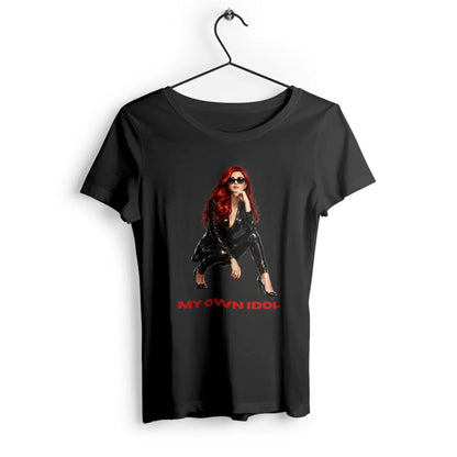 Black t-shirt with a graphic of a woman and 'My Own Idol' text on a white background
