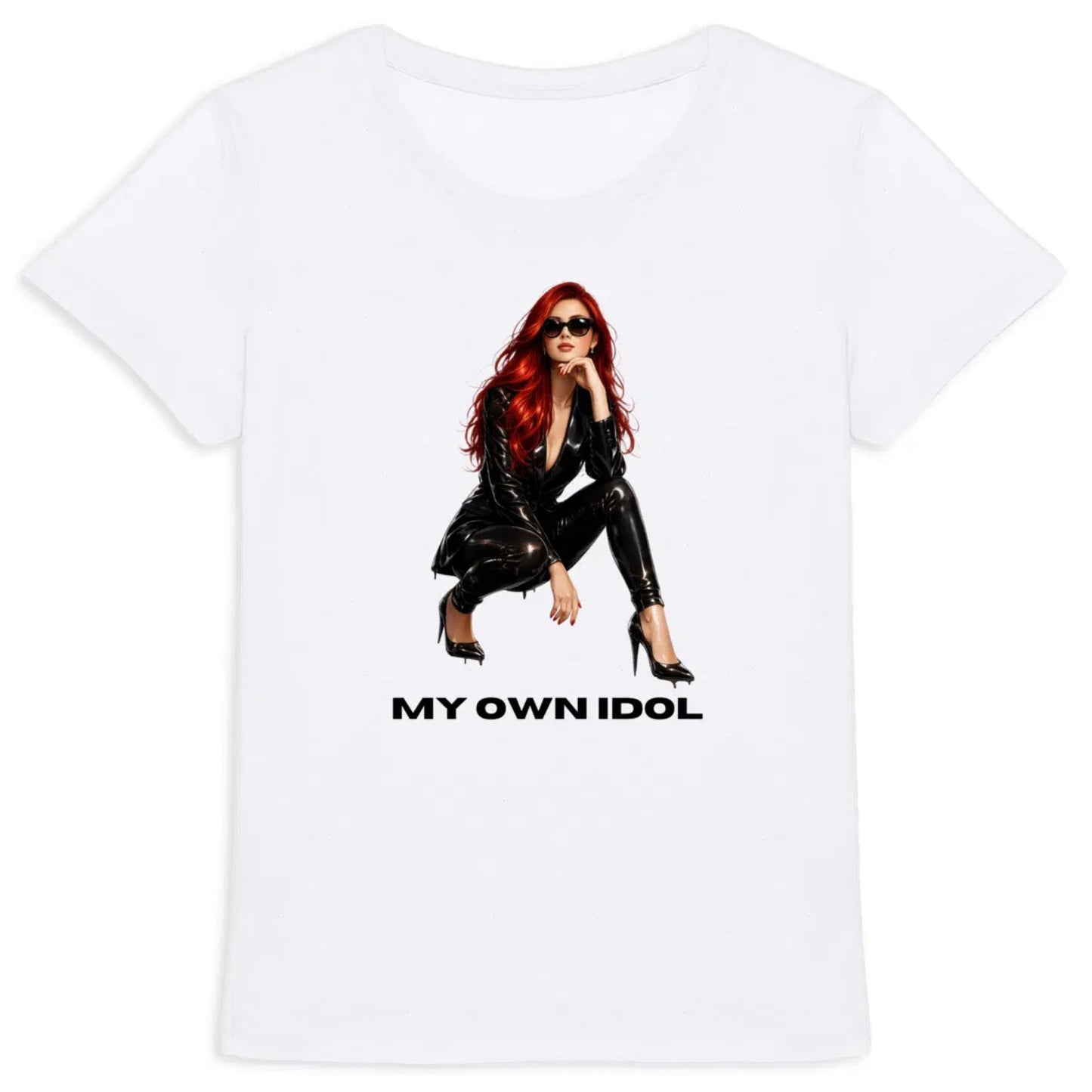 White t-shirt with a graphic of a woman in black attire and 'MY OWN IDOL' text on a white background