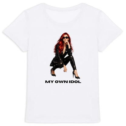 White t-shirt with a graphic of a woman in black attire and 'MY OWN IDOL' text on a white background
