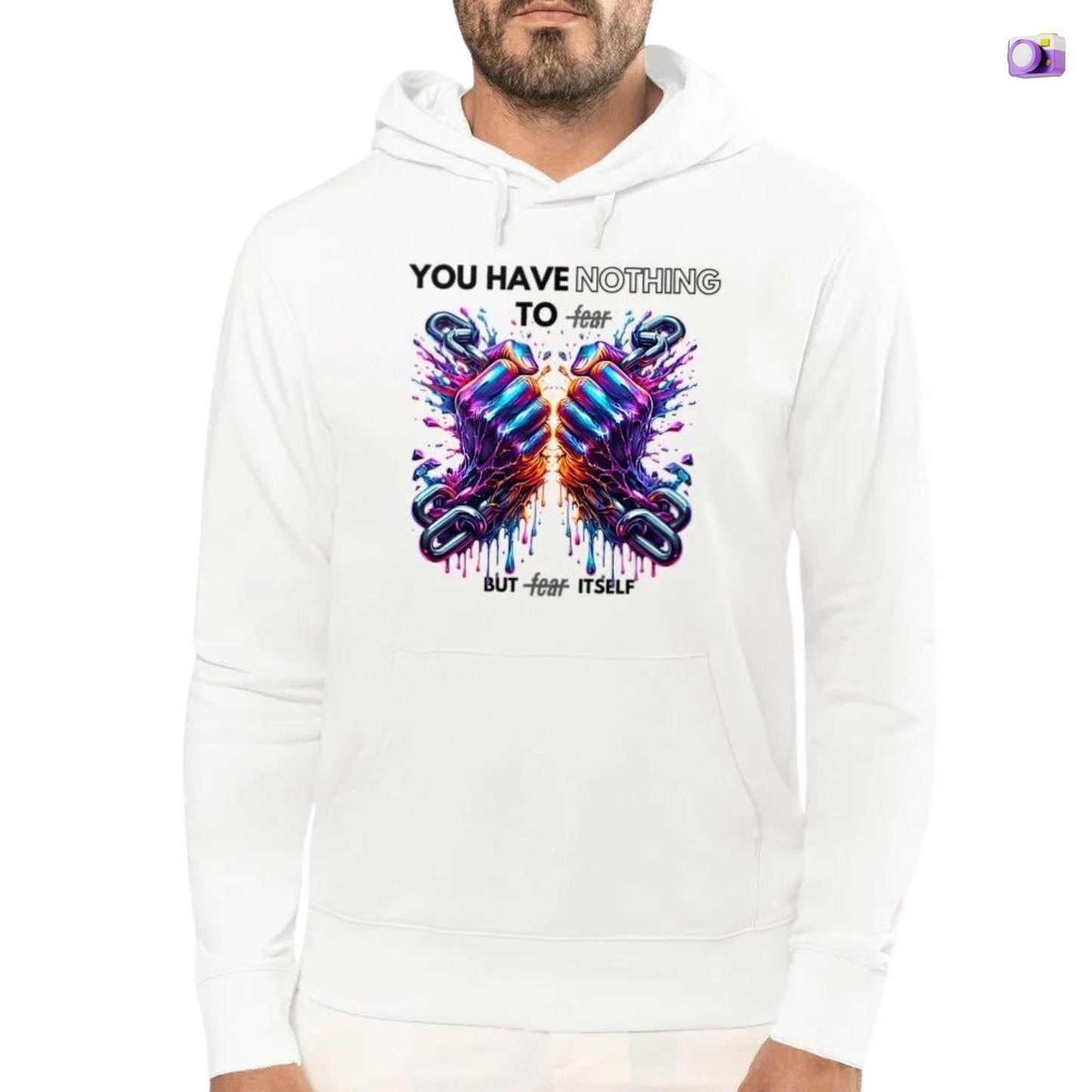 Nothing to fear Hoodie his in white, made from organic cotton. Front view showcased on a white background.