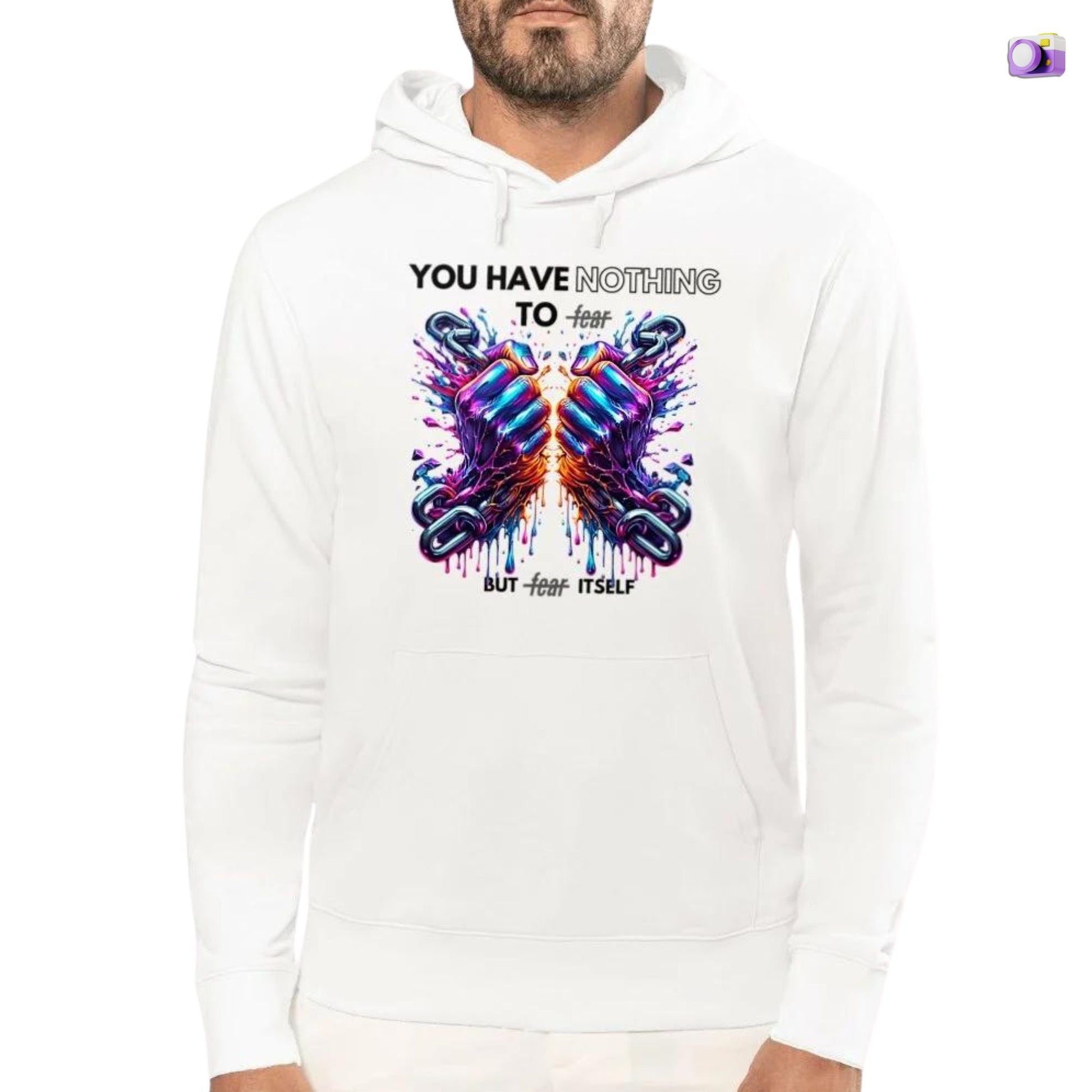Nothing to fear Hoodie his in white, made from organic cotton. Front view showcased on a white background.