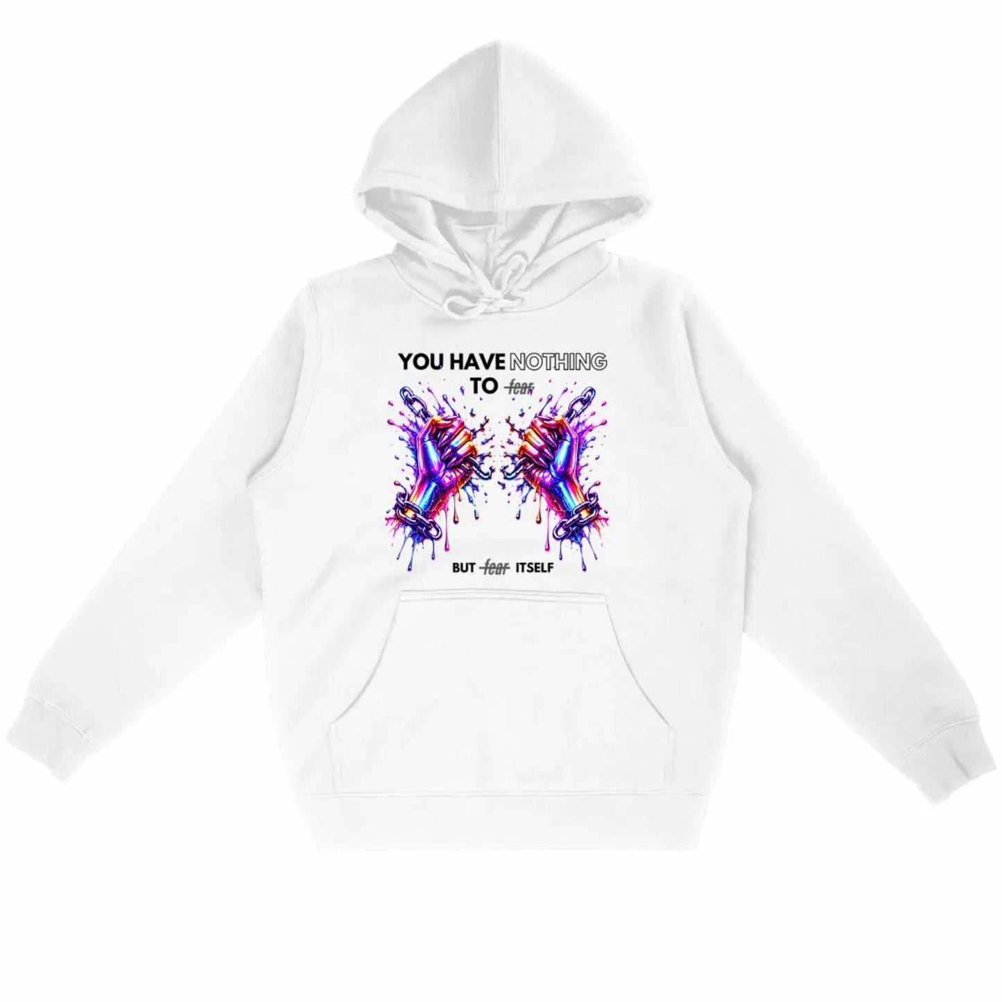 White hoodie with colorful design and text on a white background