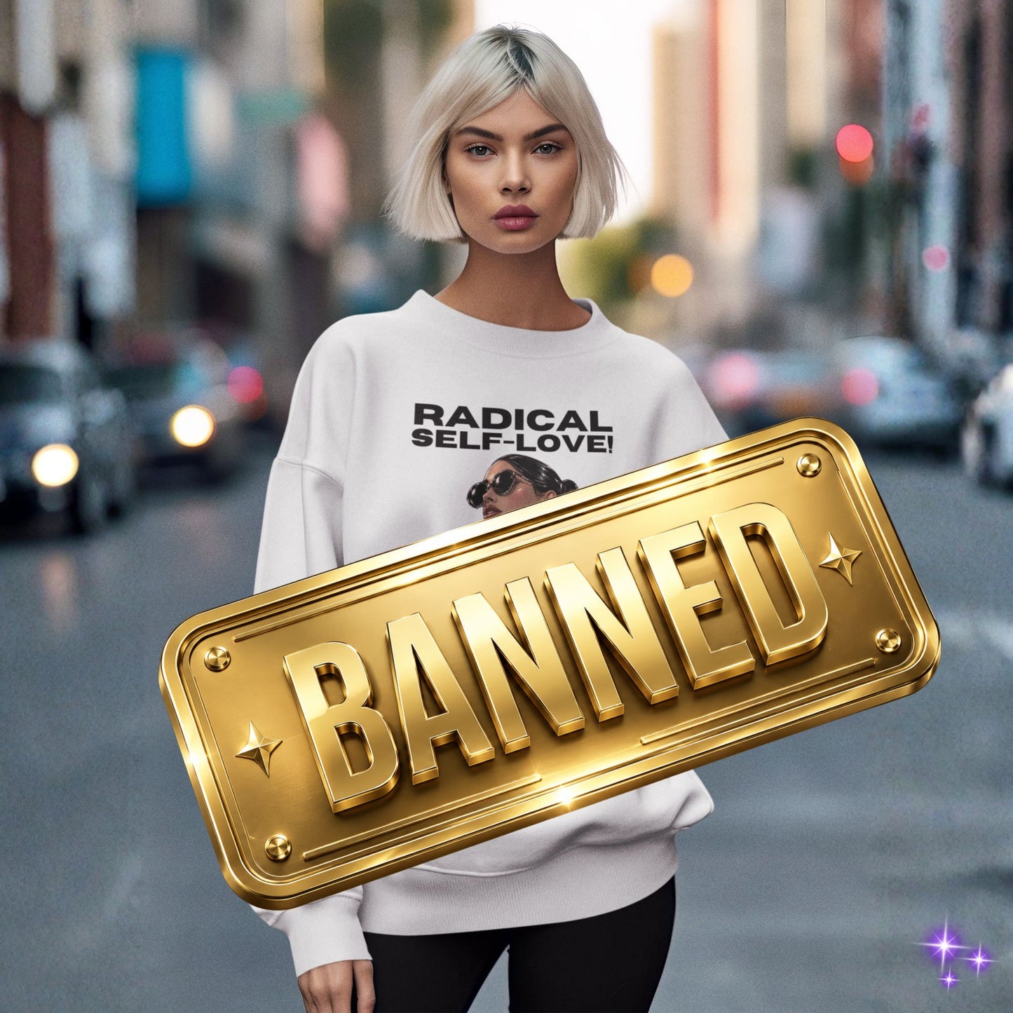 Person wearing a white sweatshirt with 'RADICAL SELF-LOVE!' text on a city street with a 'BANNED' sign overlay.