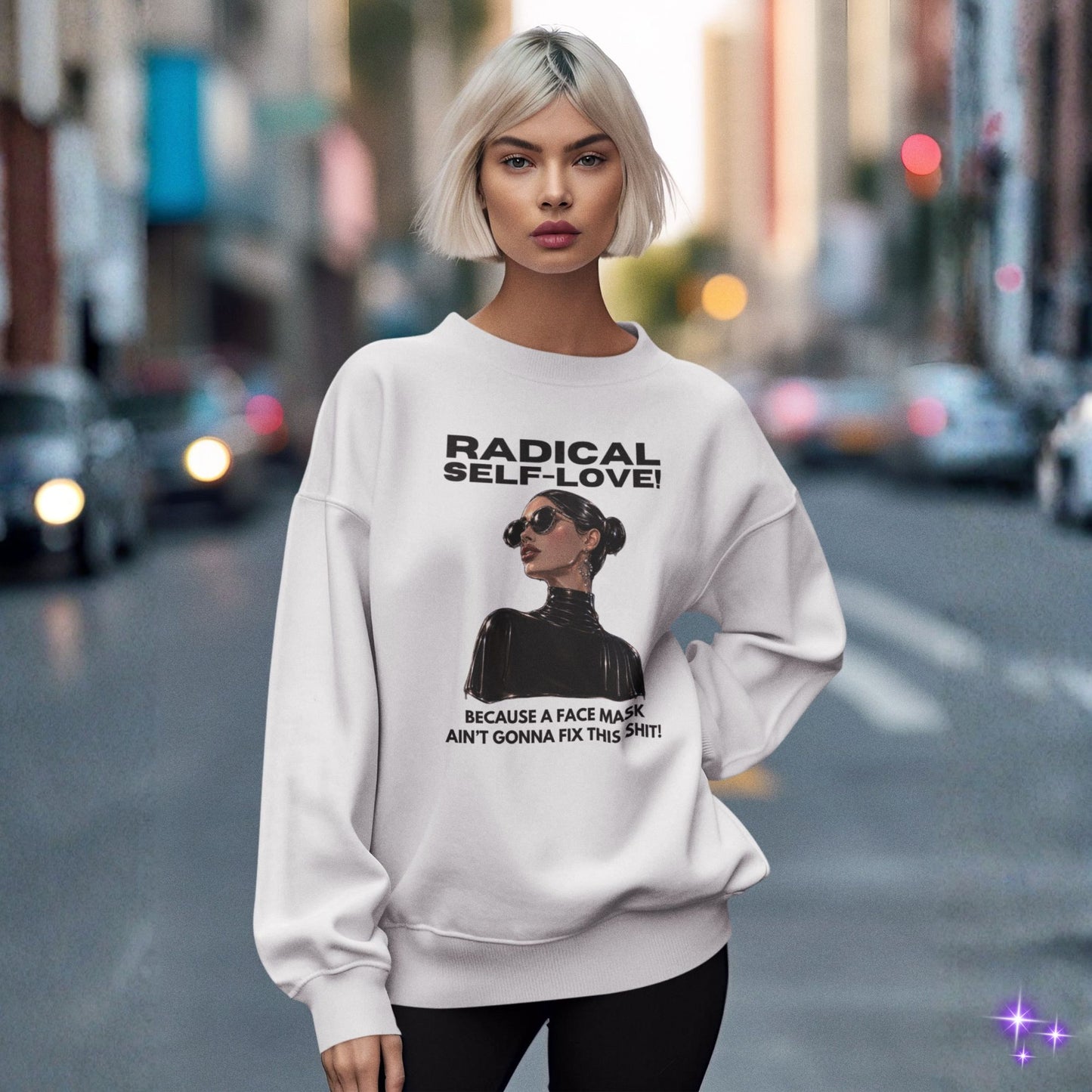 Woman wearing a white sweatshirt with a graphic and text on a city street.