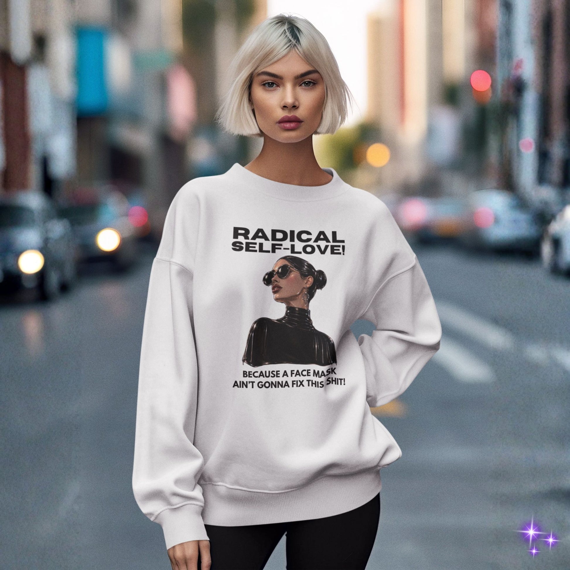 Woman wearing a white sweatshirt with a graphic and text on a city street.