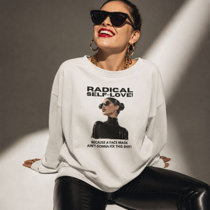 Person wearing a white sweatshirt with a graphic and text on a beige background