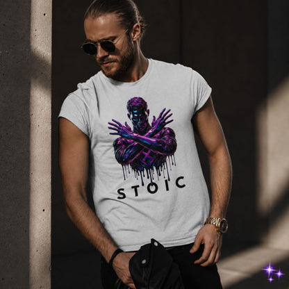 Man wearing a white t-shirt with a graphic design and the word 'STOIC'
