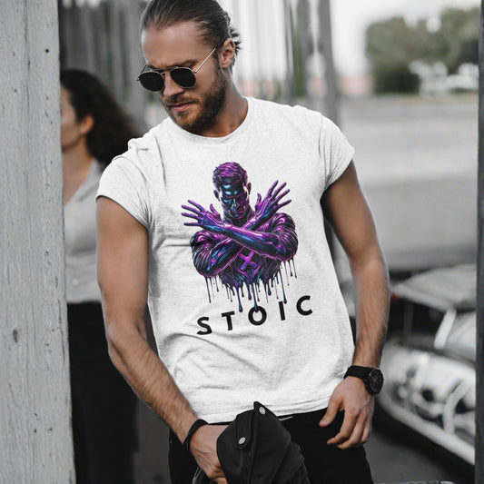 Man wearing a white t-shirt with a graphic design and the word 'STOIC'