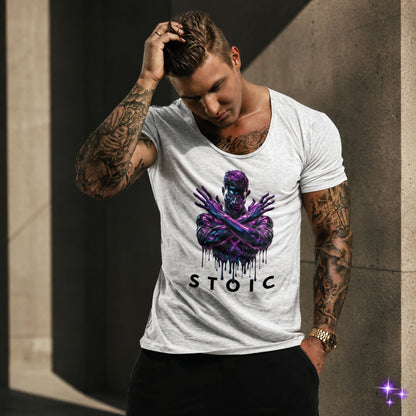Man wearing a white t-shirt with a graphic design and the word 'STOIC' on a light blue background