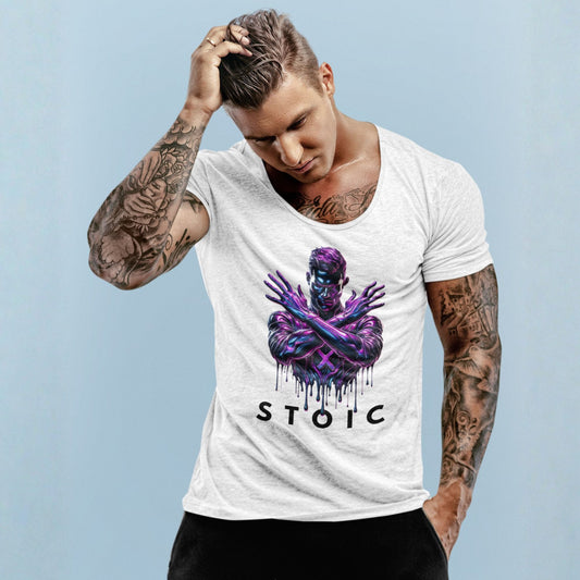 Man wearing a white t-shirt with a graphic design and the word 'STOIC' on a light blue background