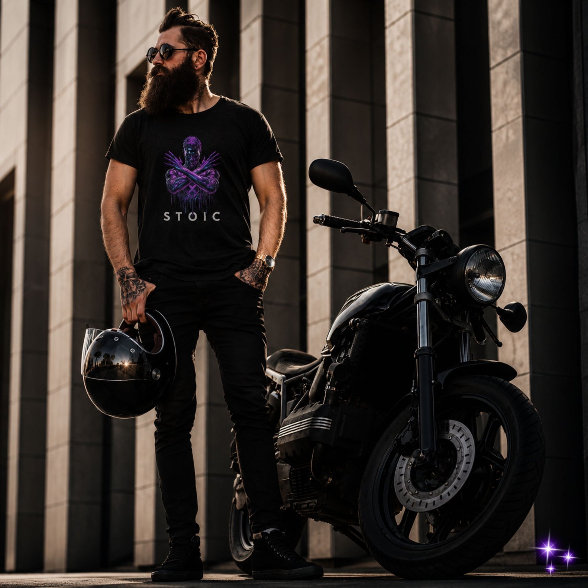 Man with a beard wearing sunglasses and a black t-shirt with 'STOIC' holding a helmet, standing next to a black motorcycle.