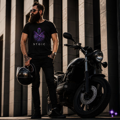 Man with a beard wearing sunglasses and a black t-shirt with 'STOIC' holding a helmet, standing next to a black motorcycle.
