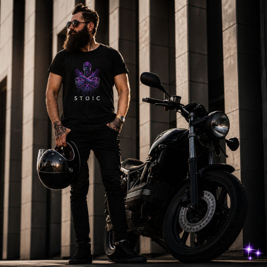 Man with a beard wearing sunglasses and a black t-shirt with 'STOIC' holding a helmet, standing next to a black motorcycle.