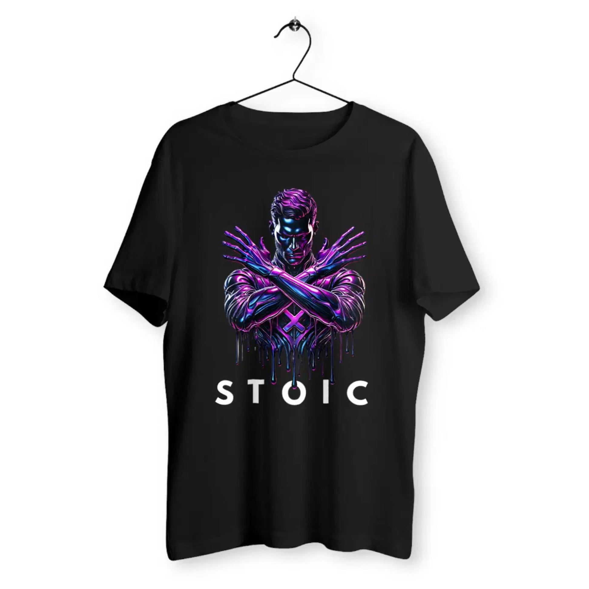 Black t-shirt with a graphic design and 'STOIC' text on a white background
