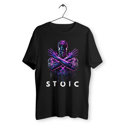 Black t-shirt with a graphic design and 'STOIC' text on a white background