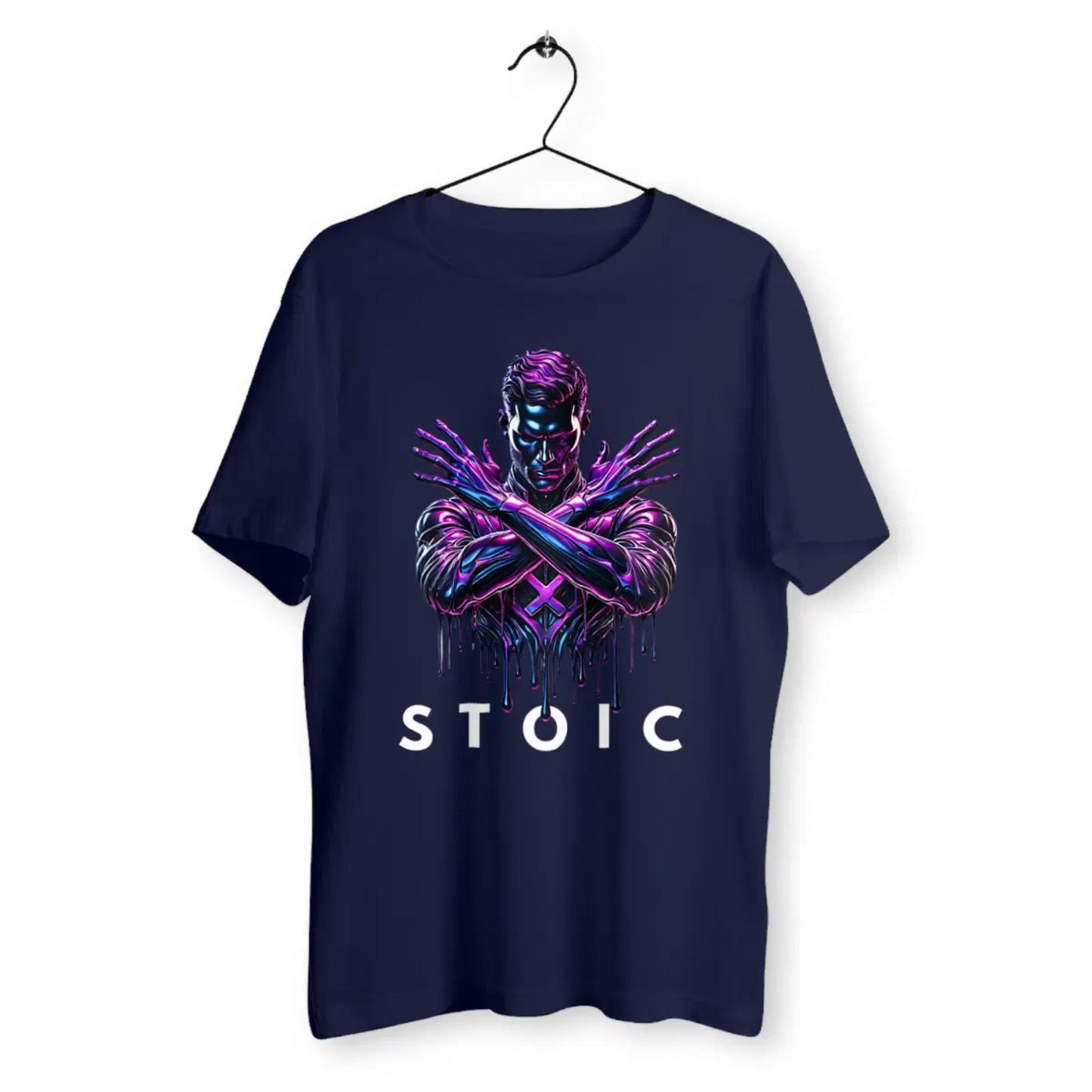 Navy blue t-shirt with a graphic design and 'STOIC' text on a white background