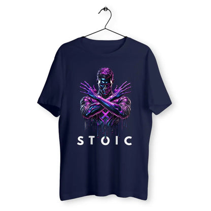 Navy blue t-shirt with a graphic design and 'STOIC' text on a white background