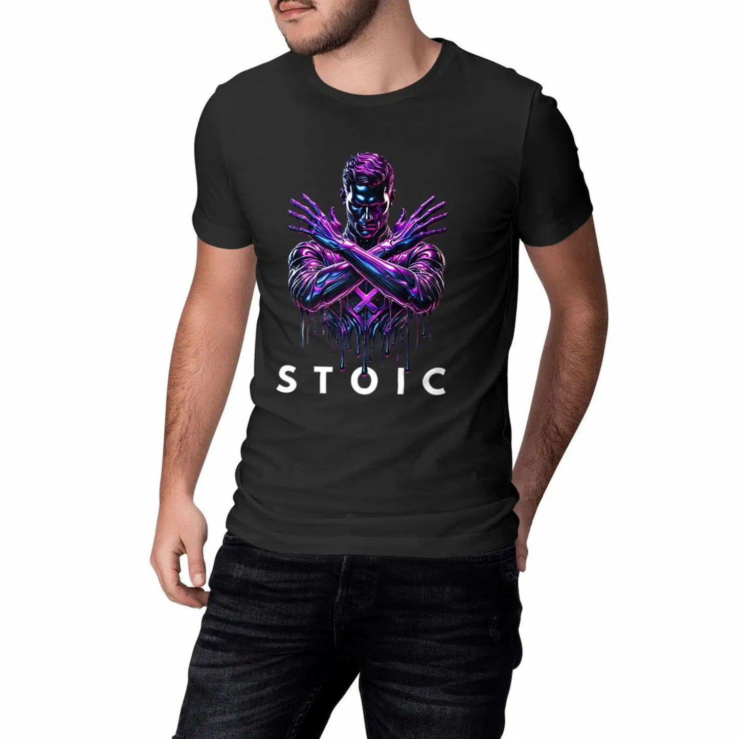 Person wearing a black t-shirt with a graphic design and the word 'STOIC' on a white background