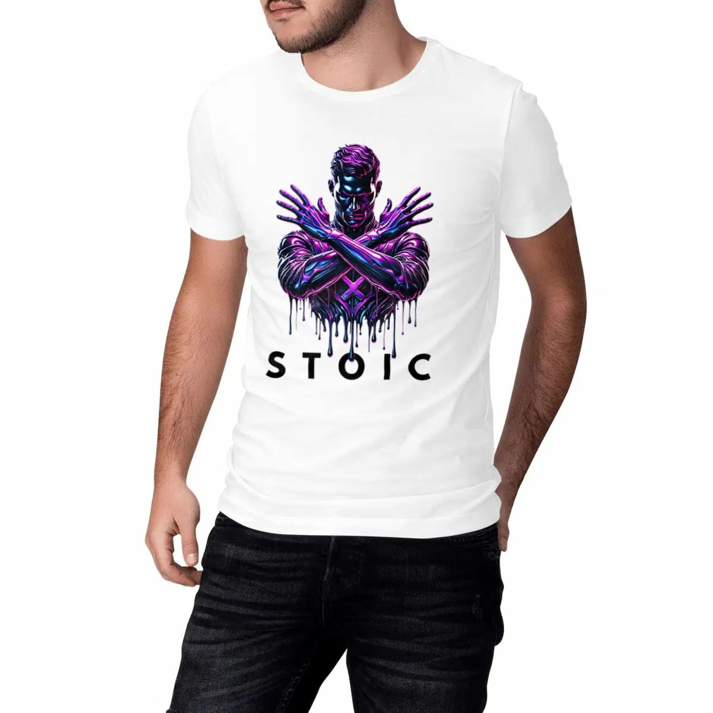 Person wearing a white t-shirt with a graphic design and the word 'STOIC'