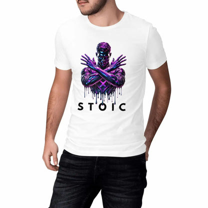 Person wearing a white t-shirt with a graphic design and the word 'STOIC'