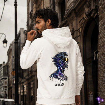 Man wearing a white hoodie with a colorful graphic design on the back, standing on a city street.
