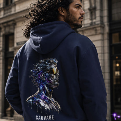 Person wearing a navy hoodie with a colorful graphic on the back in an urban setting