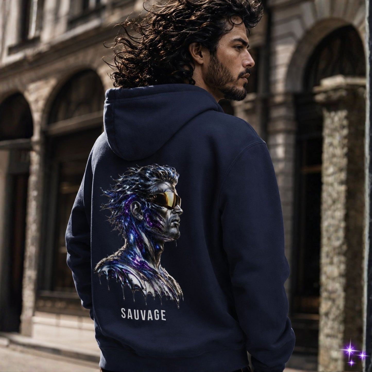 Man wearing a navy hoodie with a graphic design and 'SAUVAGE' text, standing in an urban setting.