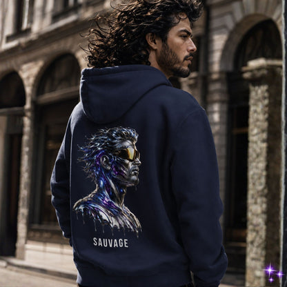 Man wearing a navy hoodie with a graphic design and 'SAUVAGE' text, standing in an urban setting.
