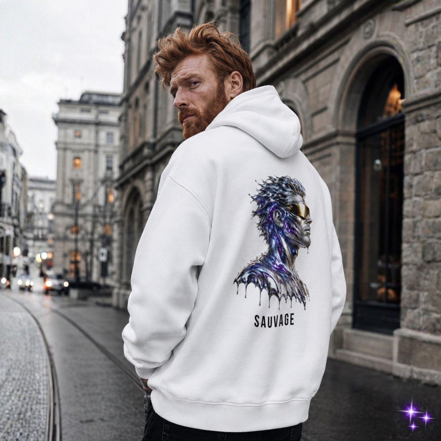 Man wearing a white hoodie with a graphic design on the back, standing on a city street.
