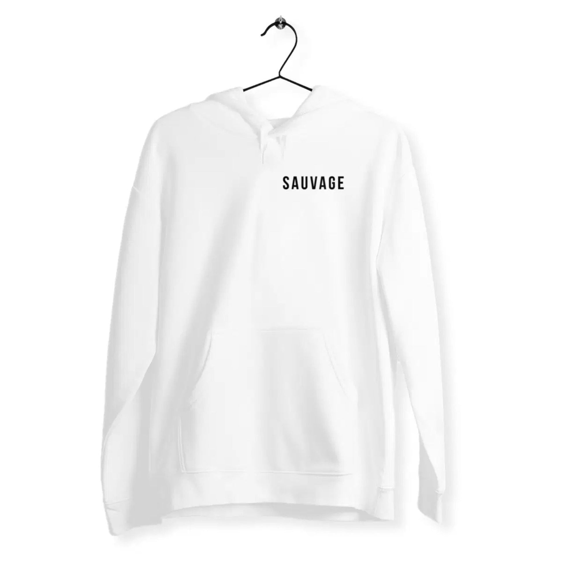 White hoodie with 'SAUVAGE' text on a hanger against a white background