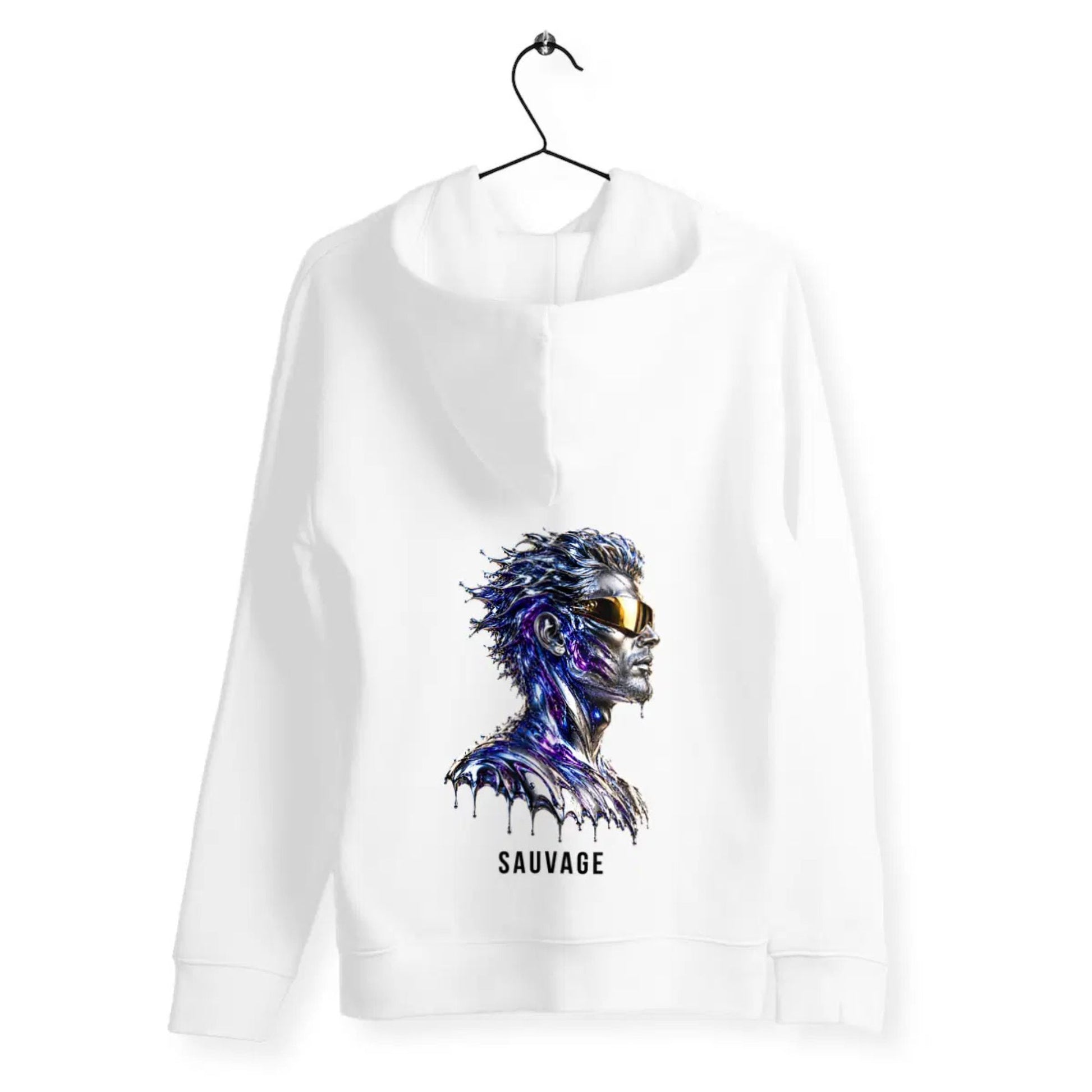 White sweatshirt with a graphic design of a stylized face and 'SAUVAGE' text on a hanger against a white background.