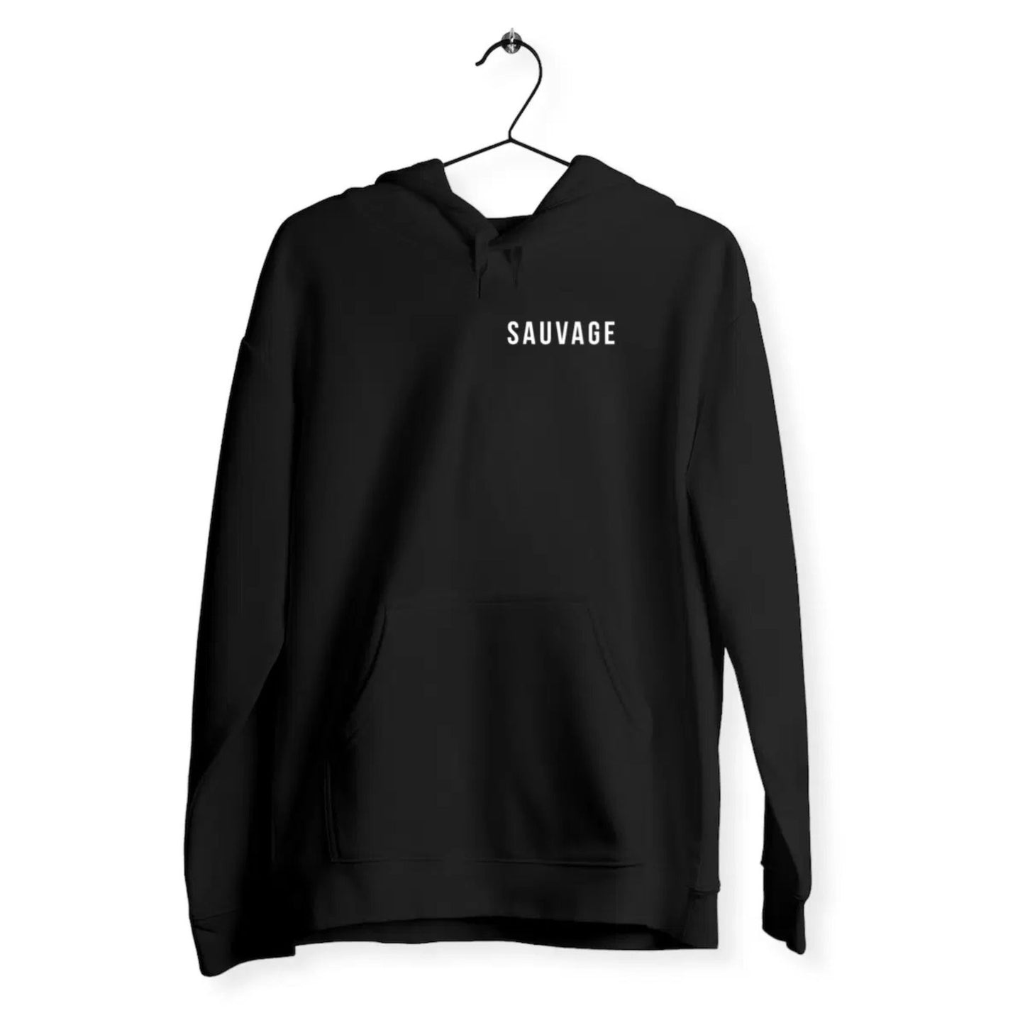 Black hoodie with 'SAUVAGE' text on a white background