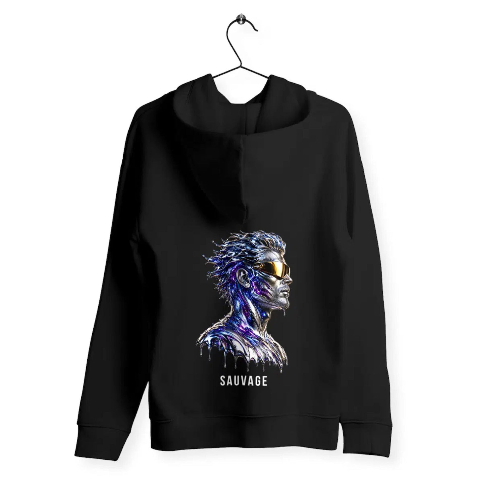 Black hoodie with a colorful graphic of a face and 'SAUVAGE' text on a white background